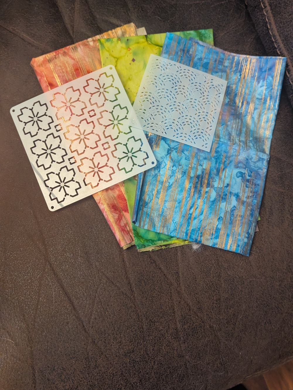 Assorted Batik Fabric Pieces with Metal Stencils - Blue, Green, Pink